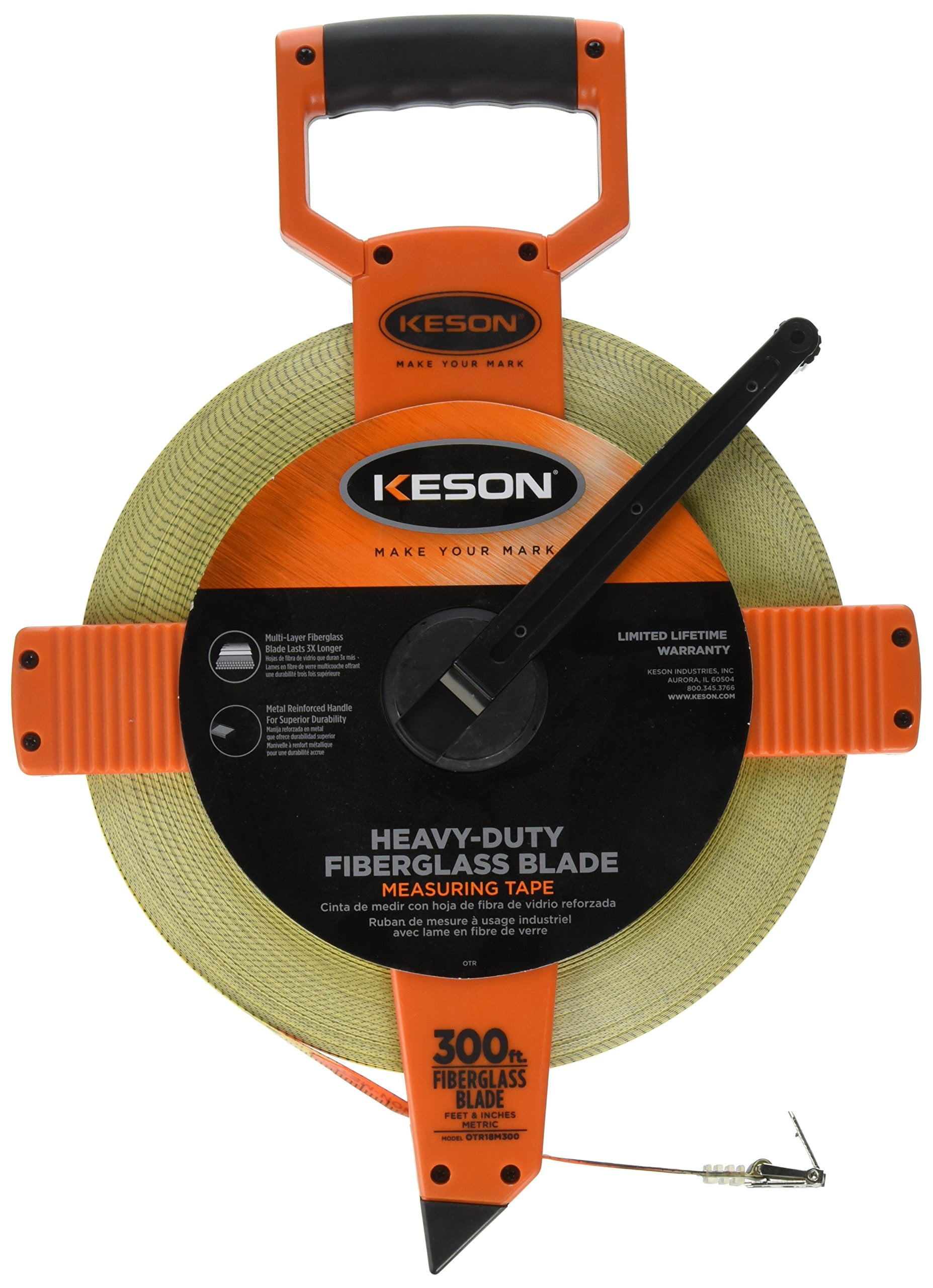 Keson OTR18M300 Open Reel Fiberglass Tape Measure Reel with Double Hook (Graduations: ft., in., 1/8 & m, cm, 2mm), 100M/300-Foot CA2