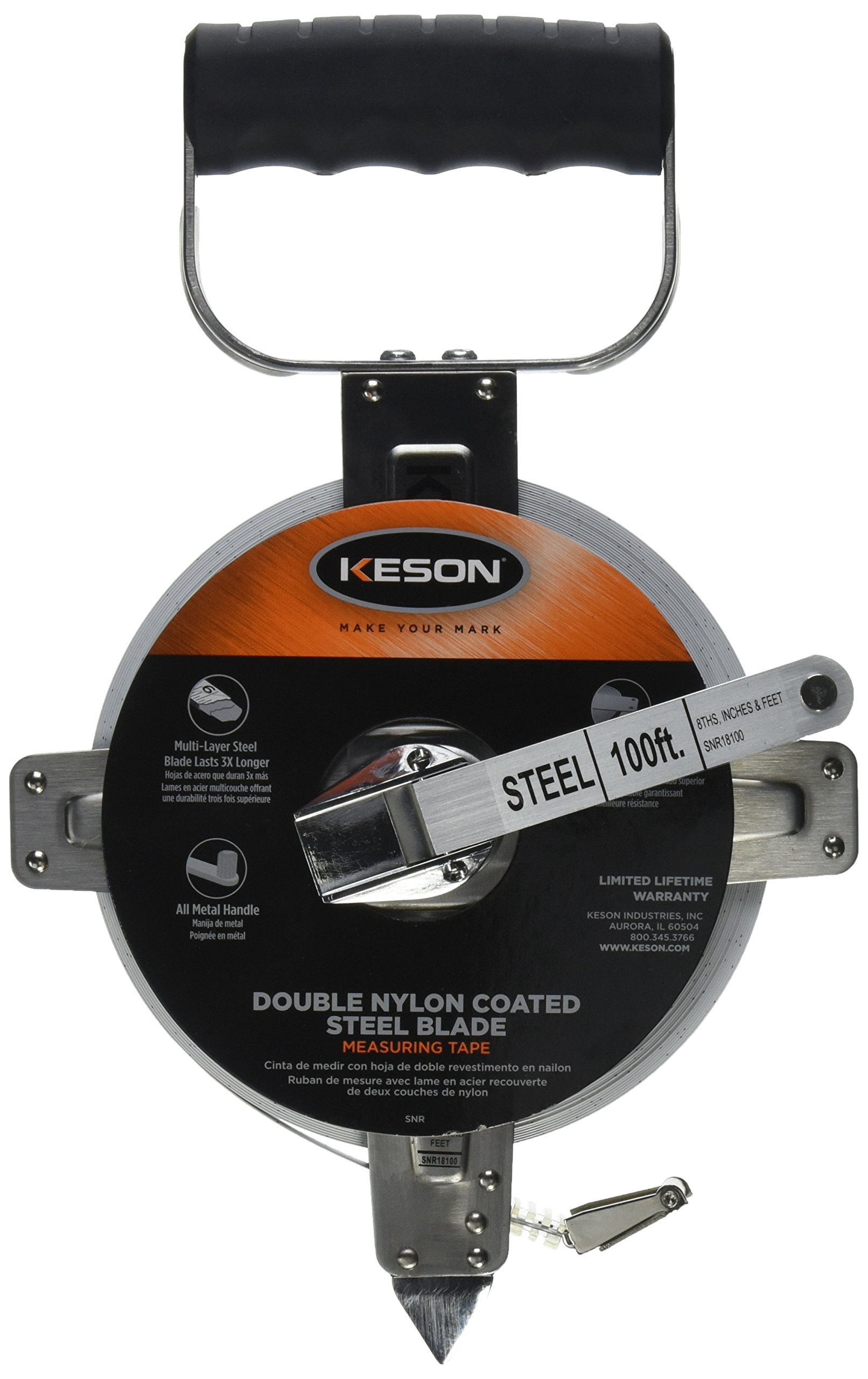 Keson SNR18100 Nylon-Reinforced Steel Blade Tape Measure, Stainless Steel Housing with Hook End (Graduations: ft., in., 1/8), 100-Foot CA2
