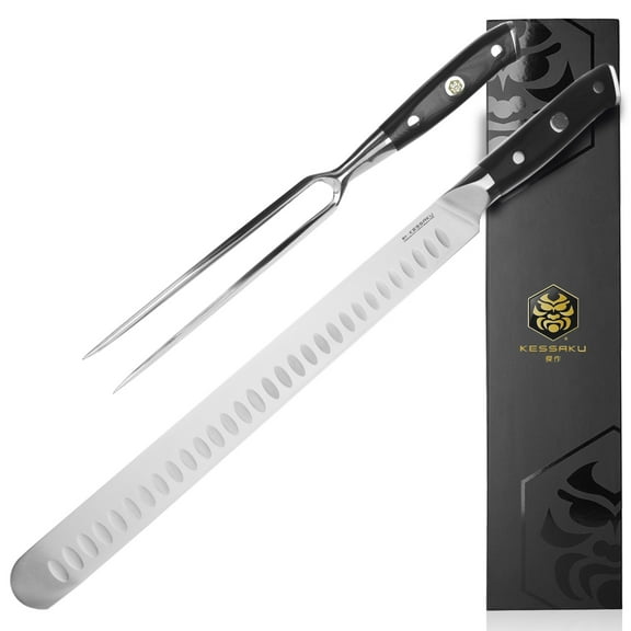 Kessaku 12-Inch Carving Slicing Knife & 7-Inch Meat Fork Set - Dynasty Series - Forged ThyssenKrupp German HC Steel Granton Edge - G10 Resin Full Tang Handle with Blade Guard