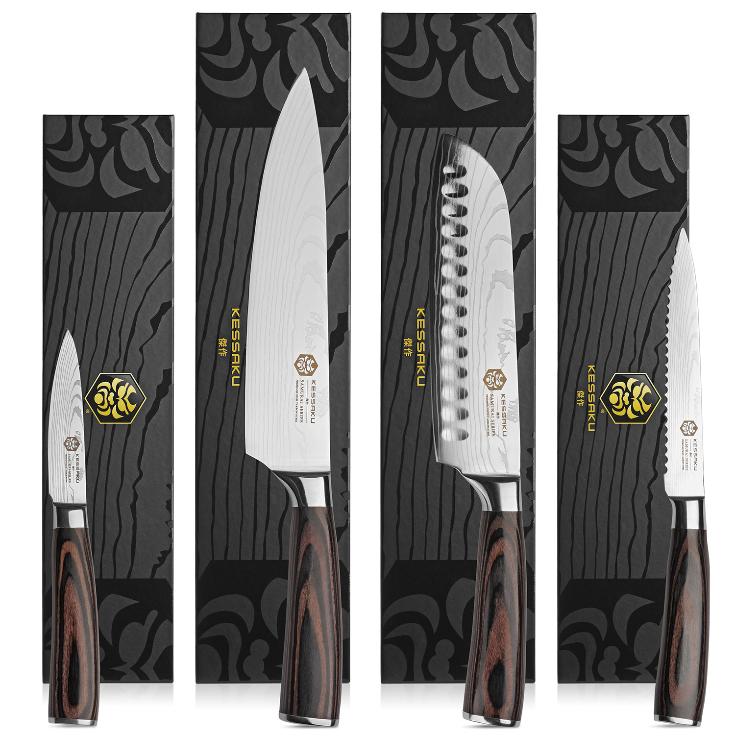 Kessaku Set 4 Coltelli Serie Samurai - Acciaio Damasco 7CR17MOV - Chef 20cm, Santoku 17,8cm, E Spelucchino - Regalo