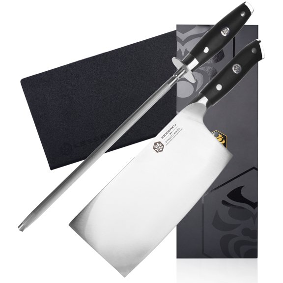 Kessaku 7-Inch Cleaver Butcher Knife & 10-Inch Sharpening Honing Rod Set - Dynasty Series - German HC Steel - G10 Full Tang Handle