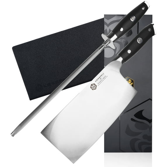Kessaku 7-Inch Cleaver Butcher Knife & 10-Inch Sharpening Honing Rod Set - Dynasty Series - German HC Steel - G10 Full Tang Handle