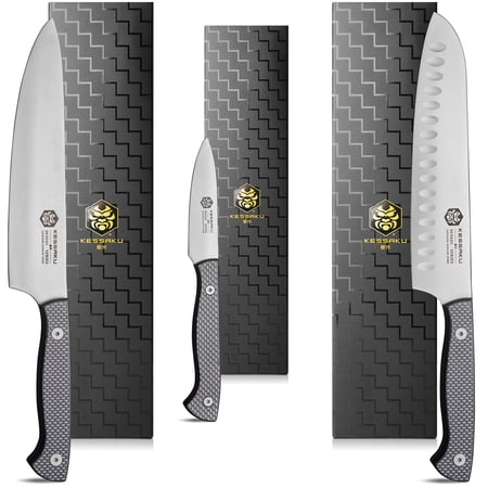 Kessaku 8-Inch Chef, 8-Inch Santoku, 3.5-Inch Paring - Senshi Series Knife Set - Forged High Carbon Japanese AUS-8 Stainless Steel - Carbon Fiber G10 Handle with Blade Guards