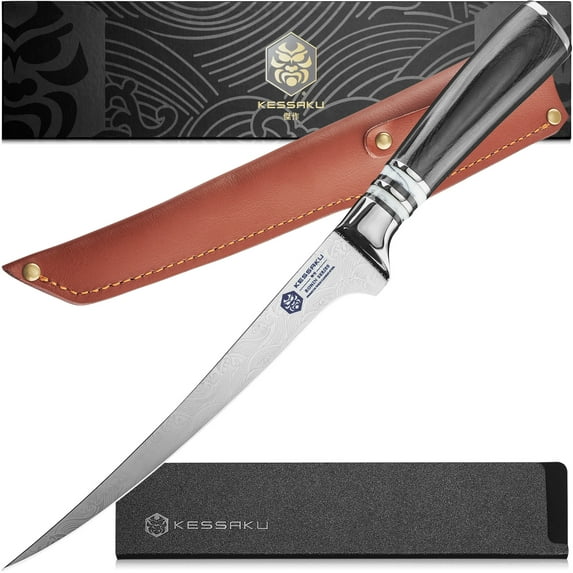Kessaku Fillet Knife and Leather Sheath with Belt Loop - 7 inch - Ronin Series - Flexible - Razor Sharp - Forged 7Cr17MoV High Carbon Stainless Steel - Boning, Trimming, Skinning - Wood Handle