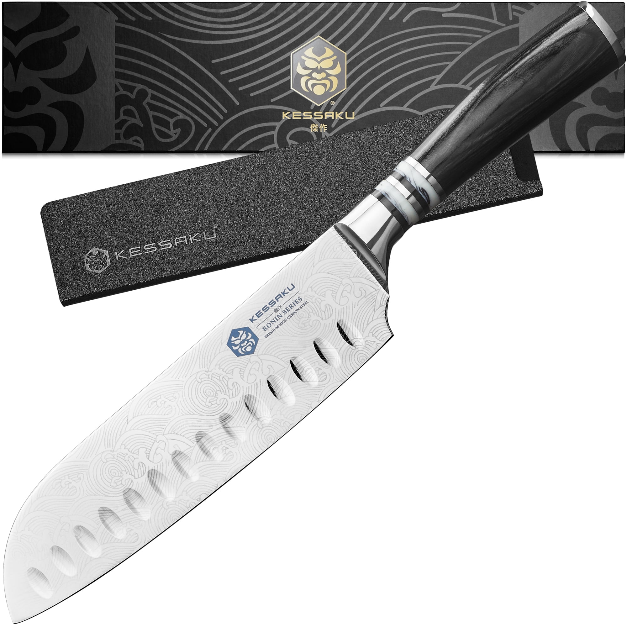 Kessaku Santoku Knife - 7 inch - Ronin Series - Razor Sharp Kitchen Knife - Forged 7Cr17MoV High Carbon Stainless Steel - Granton Edge - Wood Handle with Blade Guard