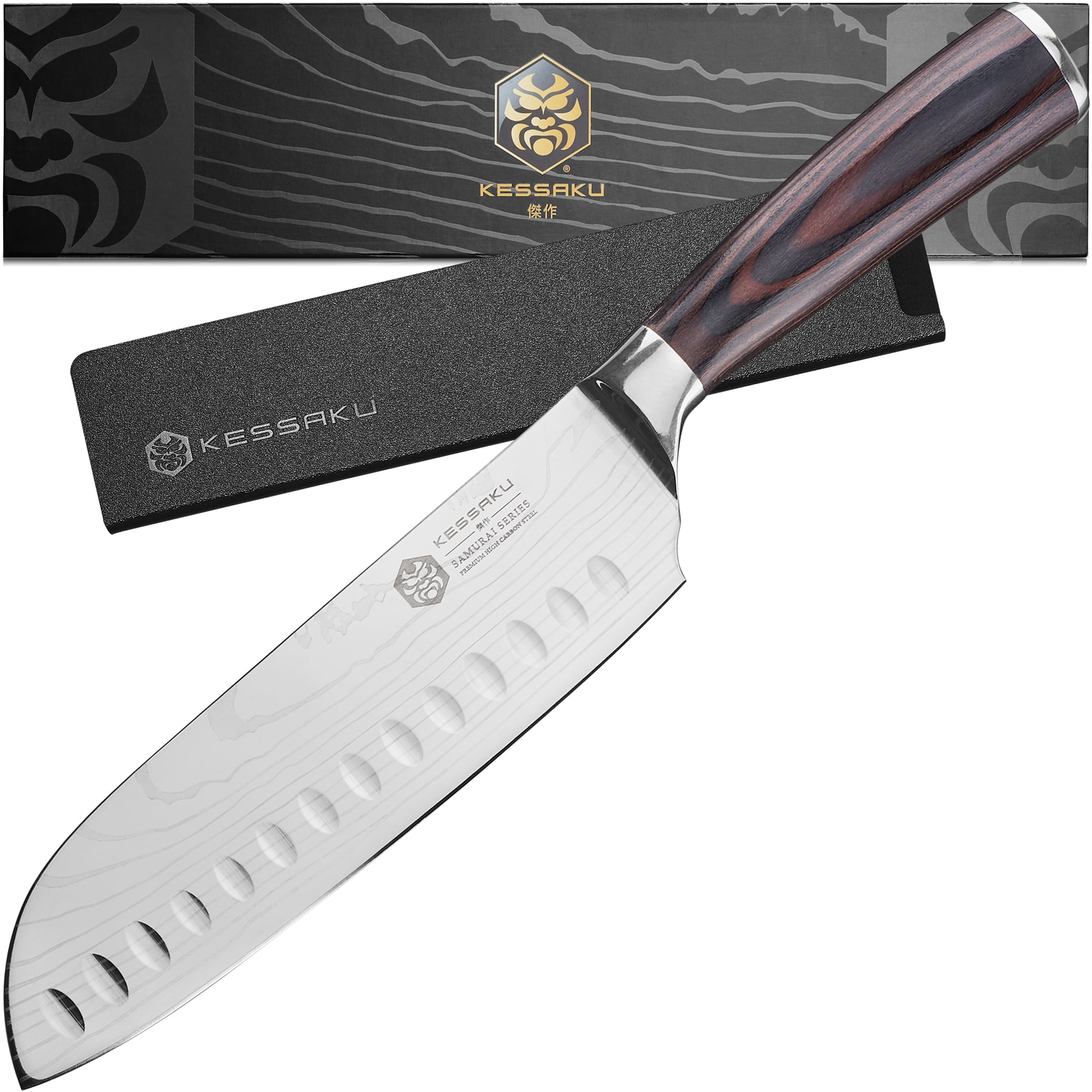 Beautiful by Drew Barrymore 7-Inch Forged Signature Serrated Santoku Knife in White with Gold Accents