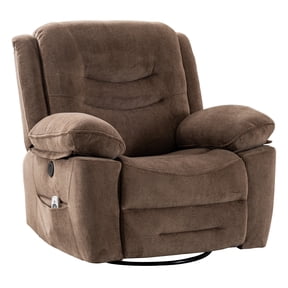 Ketaiyou Power Swivel Rocker Recliner Chair with Massage, USB and Type-C Port, Large Electric Fabric Rocking Reclining Sofa Chair for Living Room (Brown)