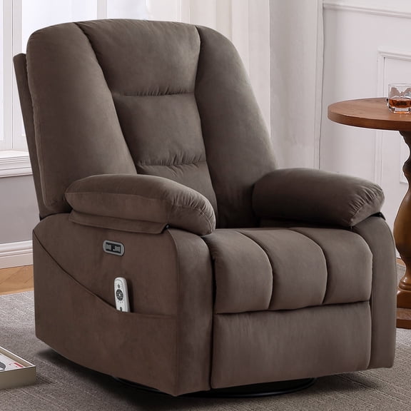Ketaiyou Power Swivel Rocker Recliner Chair with Massage, USB and Type-C Port, Large Electric Fabric Rocking Reclining Sofa Chair for Living Room (Brown)