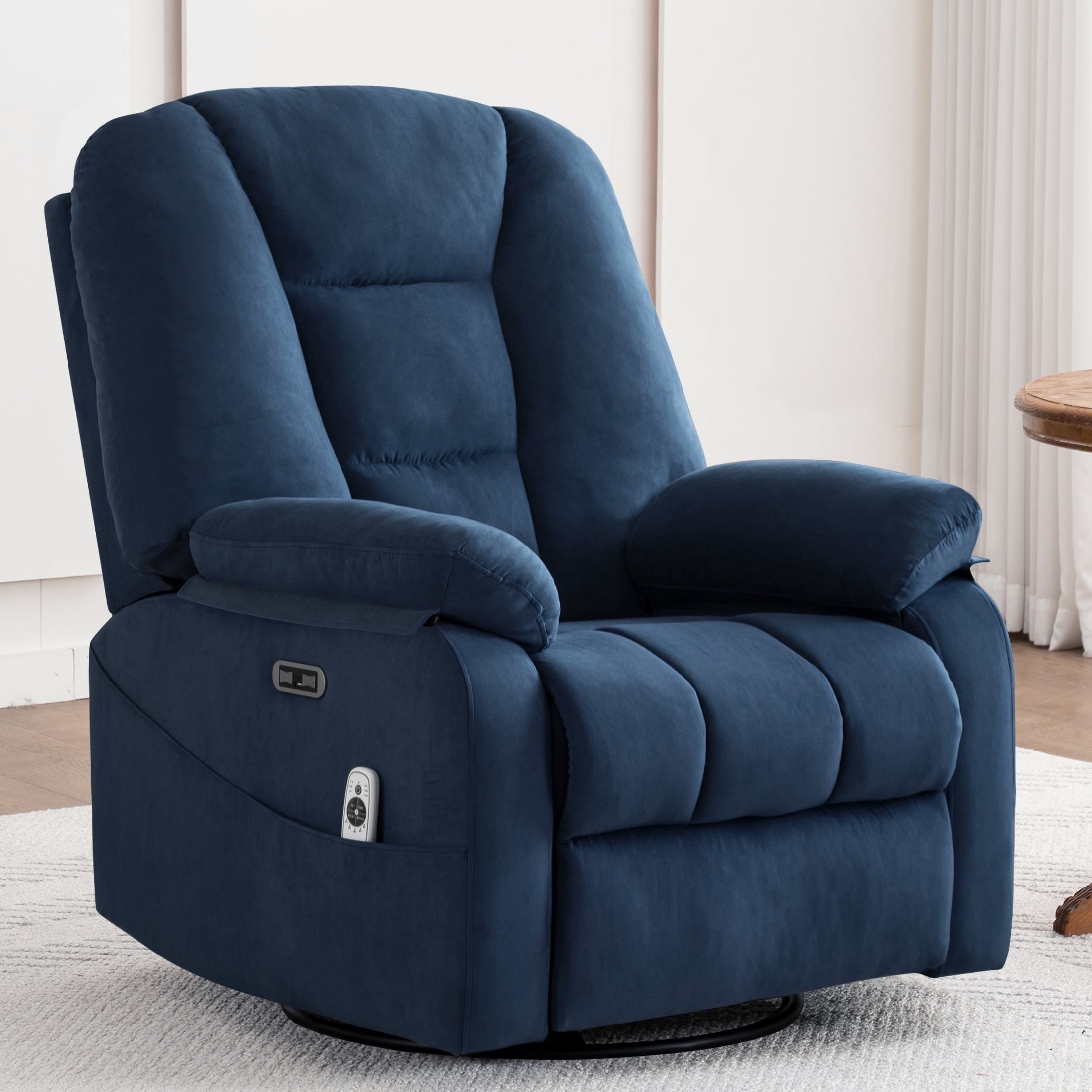Ketaiyou Power Swivel Rocker Recliner Chair with Massage, USB and Type-C Port, Large Electric Fabric Rocking Reclining Sofa Chair for Living Room (Navy Blue)