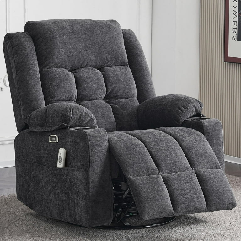 KETAIYOU Power Swivel Rocker Recliner Chair Adult Fabric Solid Print Home Theater Heated and USB Type C Dark Grey