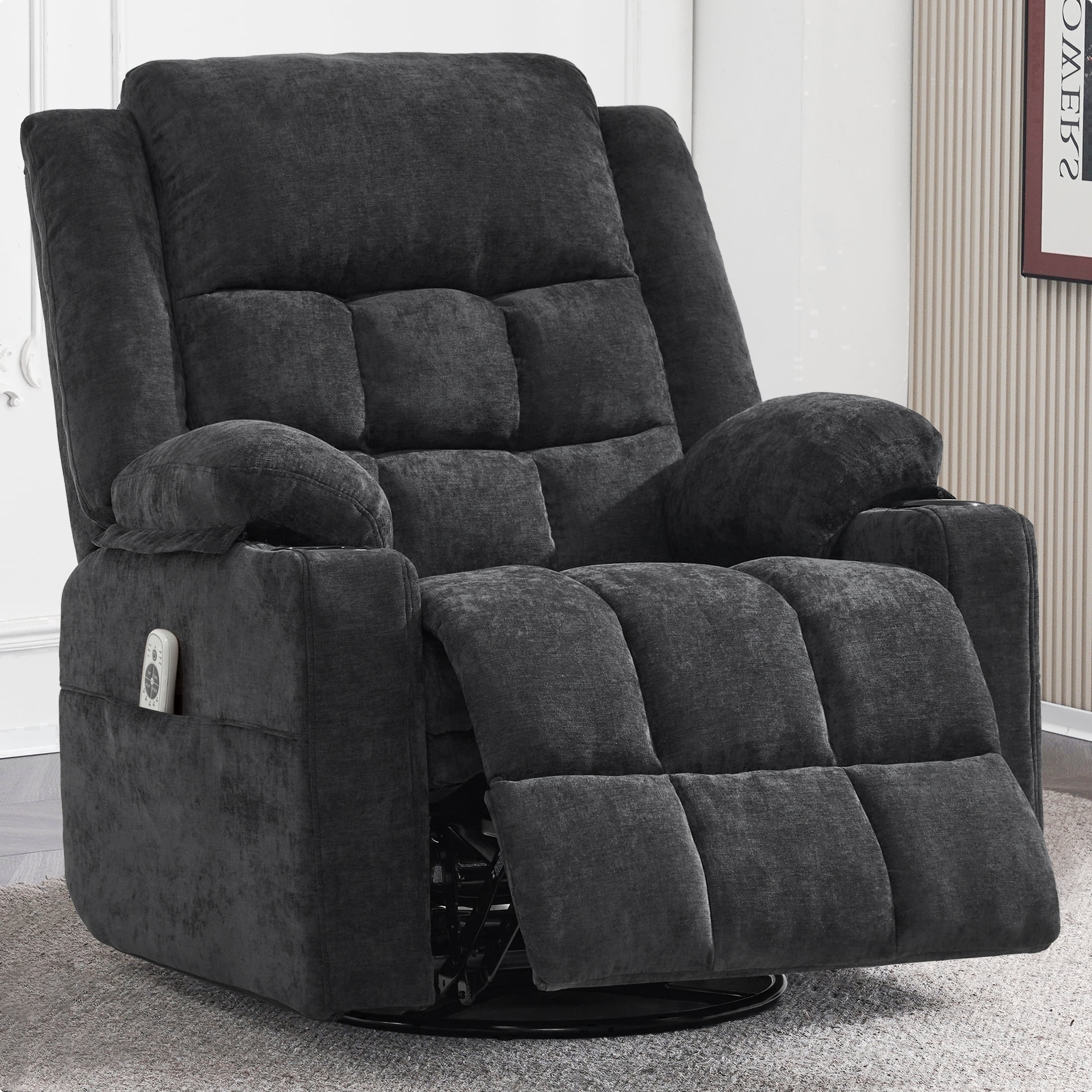 Sfxingyou  Power Swivel Rocker Recliner Massage Chair, USB and Type-C Ports, Electric Recliner Glider Reading Chairs Living Room, Upholstered Soft Fabric Reclining Sofa Chair,Black