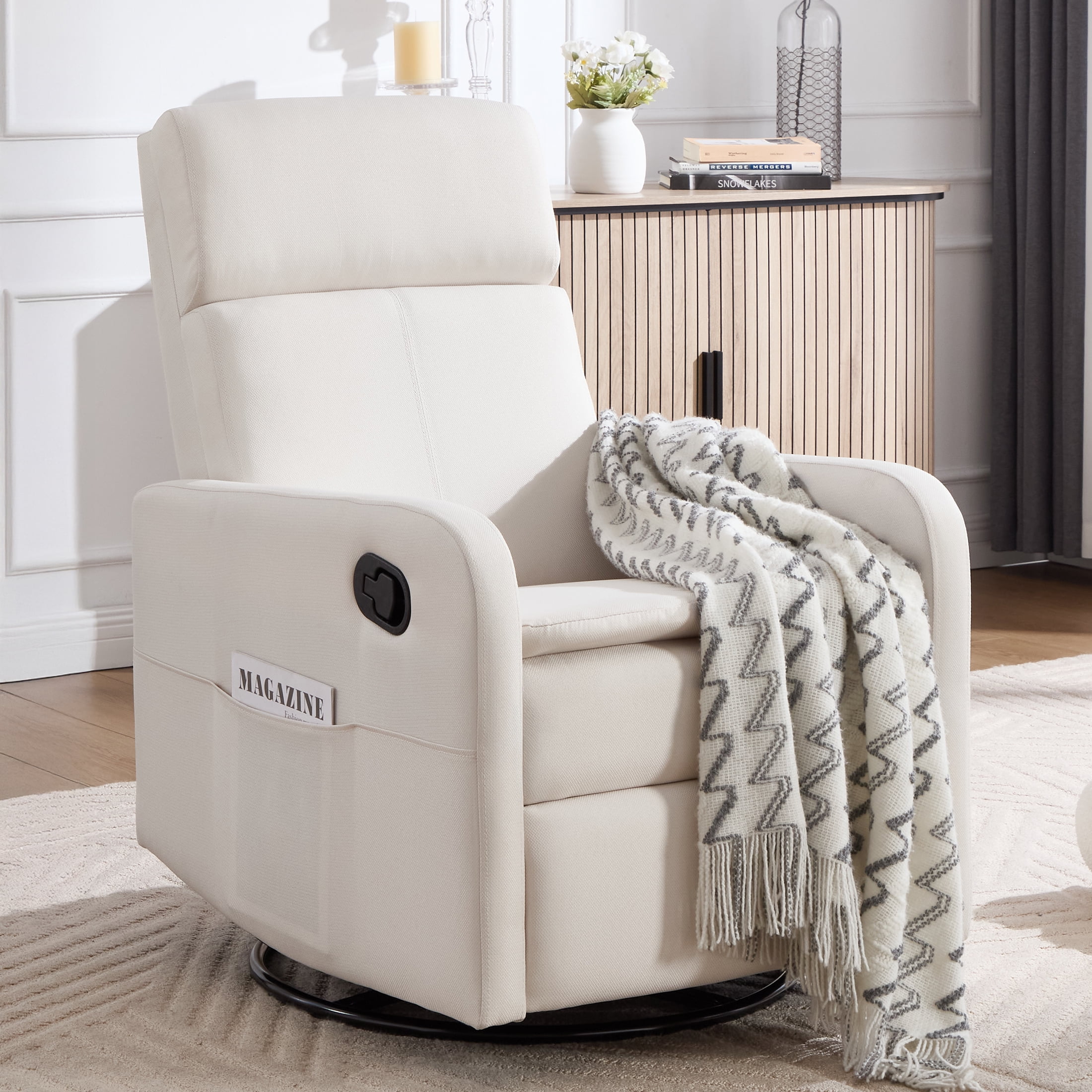 Sfxingyou Swivel Rocking Recliner Chair for Adults, Rocker Nursery Glider Chair for Living Room, Upholstered Fabric Reclining Single Sofa Chair (Beige)