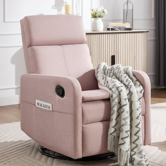 Ketaiyou Swivel Rocking Recliner Chair for Adults, Nursery Glider Chair with Adjustable Headrest, Pink
