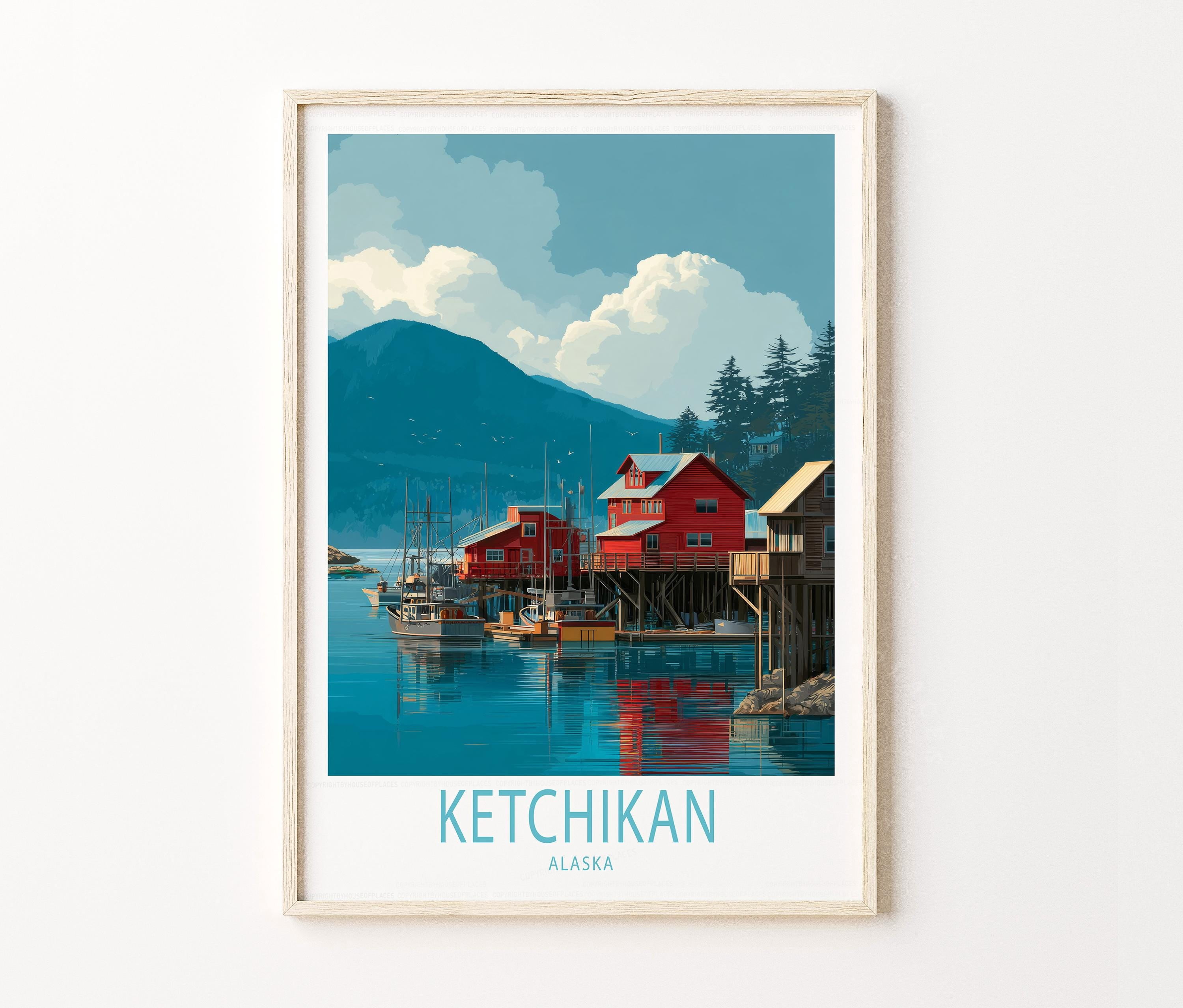 Ketchikan Alaska Harbor Scene, Illustrated Coastal Print, Northern ...