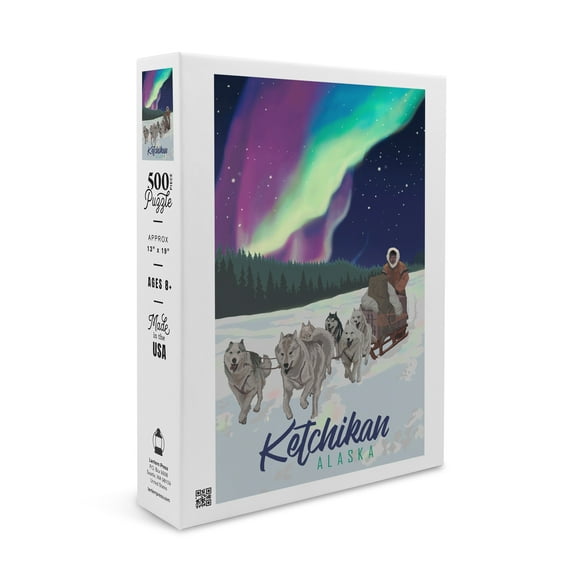 Ketchikan, Alaska, Northern Lights, Dog Sled (19x27 inches, Premium 500 Piece Jigsaw Puzzle for Adults and Family, Made in USA)