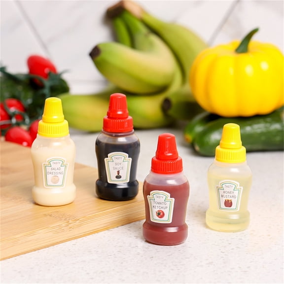 Condiment Bottles, 4-Piece Mini Plastic Dispensers with Secure Caps, for Dispensing Honey, Ketchup, Soy Sauce, Salad Dressing, Packed Lunches and Picnic Foods