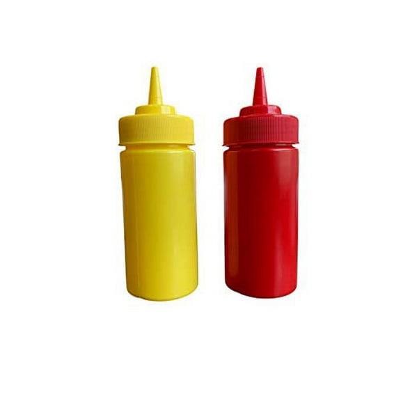 Ketchup and Mustard BPA Free Food Prep Cute Set of 2 Plastic Squeeze Bottles with Twist On Cap for Condiments Holds 8 oz