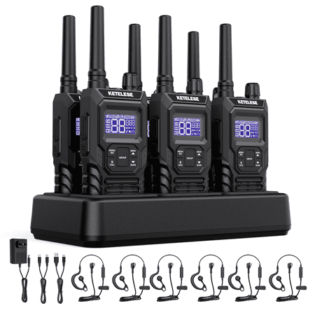 Ketelese T4 IP67 Waterproof GMRS Two Way Radio, With Earpiece, USB Charger, NOAA, VOX, Group Call, PTT, 6pack, Balck