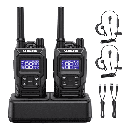 Ketelese T4 Walkie Talkies IP67 Waterproof Dustproof Two Way Radio, with Earpiece and Mic for Adult, USB, NOAA, VOX, Group Call, PTT(Black/ 2Pack)