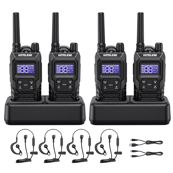 Ketelese T4 Walkie Talkies Long Range GMRS, IP67 Waterproof, Earpiece with Mic, for Adult, USB, NOAA, VOX, Group Call, PTT, 4pack, Balck