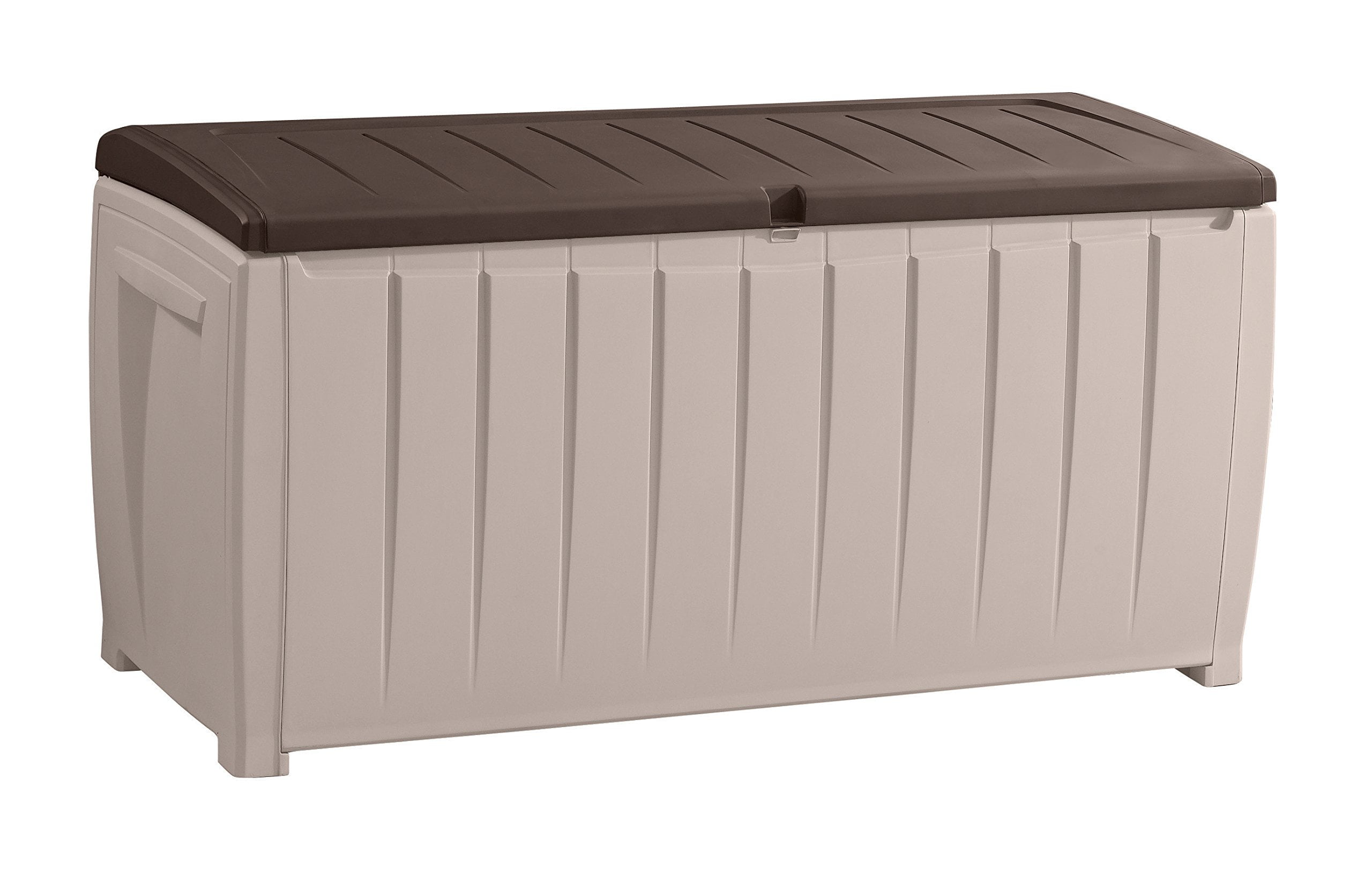 Keter 243397 Large 90 Gallon Waterproof All Weather Resistant Resin Panel Outdoor Backyard Novel Patio Porch Deck Garden Pool Storage Box Container Bench, Brown and Cream
