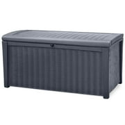 Keter Borneo 110 Gallon Rattan Plastic Outdoor Storage Deck Box Bench, Grey