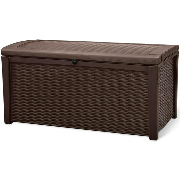 Keter Borneo 110 Gallon Rattan Wicker Resin Deck Storage Box Bench, Brown