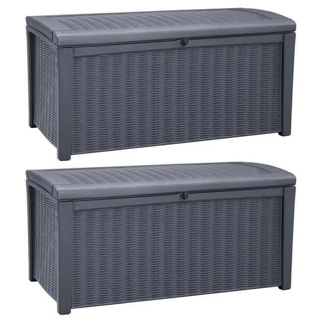Keter Borneo Rattan Wicker Resin Patio Deck Storage Box Bench, Grey (2