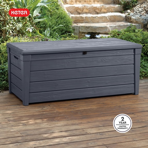 Keter Brightwood 120 Gallon Durable Resin Outdoor Deck Box Storage Organization, Anthracite Gray