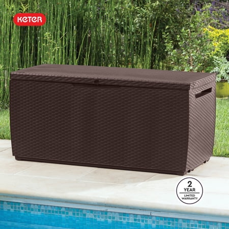Keter Capri 80 Gallon Durable Weatherproof Resin Deck Box Organization and Storage for Outdoor Patio and Lawn, Rattan Espresso Brown