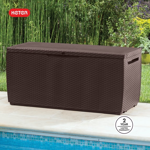 Keter Capri 80 Gallon Durable Weatherproof Resin Deck Box Organization and Storage for Outdoor Patio and Lawn, Rattan Espresso Brown