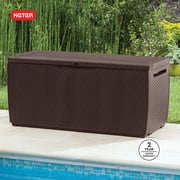 Keter Capri 80 Gallon Durable Weatherproof Resin Deck Box Organization and Storage for Outdoor Patio and Lawn, Rattan Espresso Brown