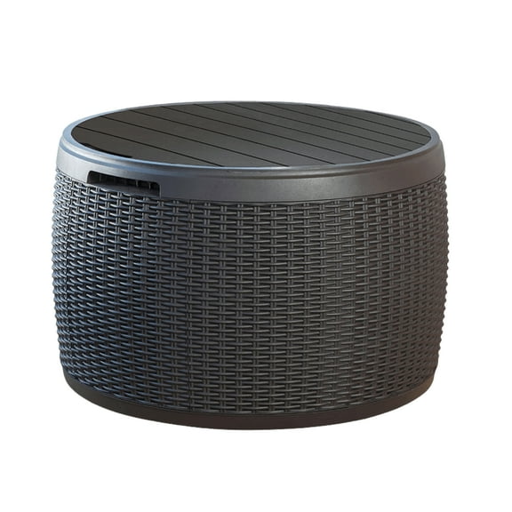 Keter Circa Rattan Look 37 Gallon Resin Round Deck Box, Patio Table for Outdoor Cushion Storage, Grey