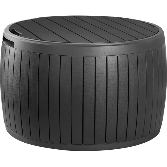 Keter Circa 37 Gallon Wood Panel Style Round Outdoor Deck Box and Storage Table, Grey