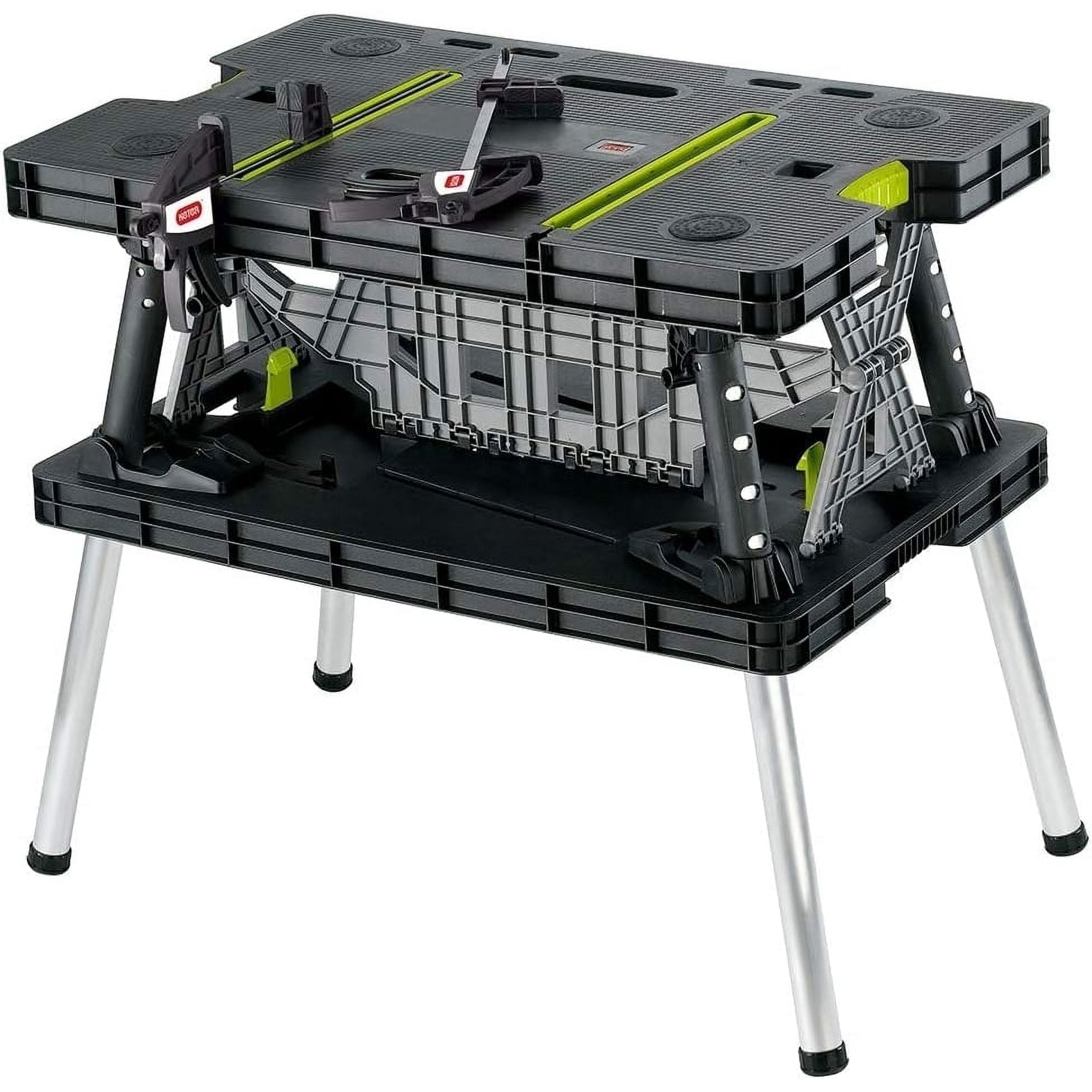 Keter Compact Portable Folding Garage Workbench Work Table with Clamps, Green