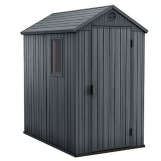 Keter Premier Tall 4.6 x 5.6 ft. Resin Outdoor Storage Shed with Shelving  Brackets for Patio Furniture, Pool Accessories, and Bikes, Grey & Black