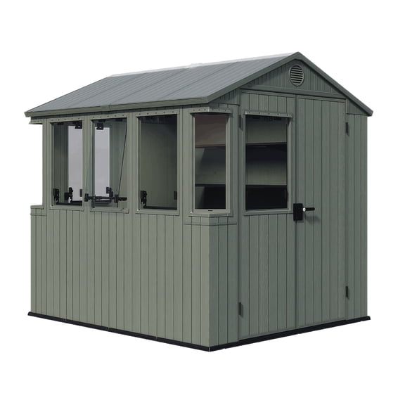 Keter Darwin 6x8 ft. Walk-in Potting Shed with Built-in Ventilation, Windows and Double Lockable Doors, Green