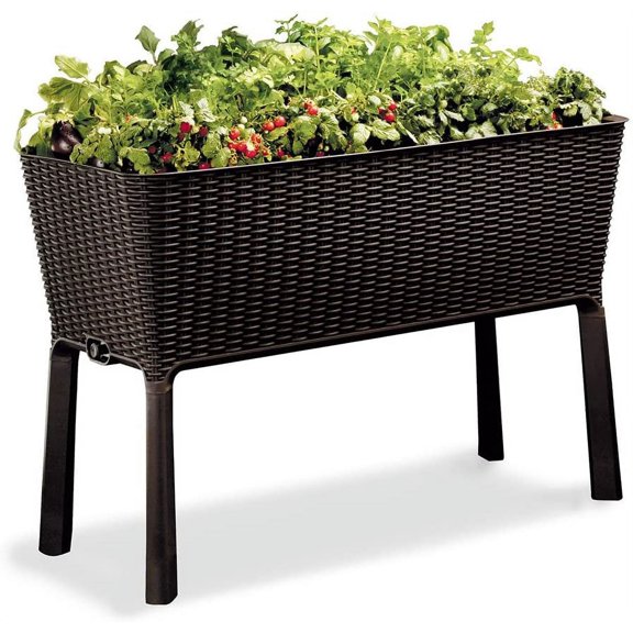 Keter Easy Grow 31.7 Gallon Raised Garden Bed with Self Watering Planter Box and Drainage Plug, Brown
