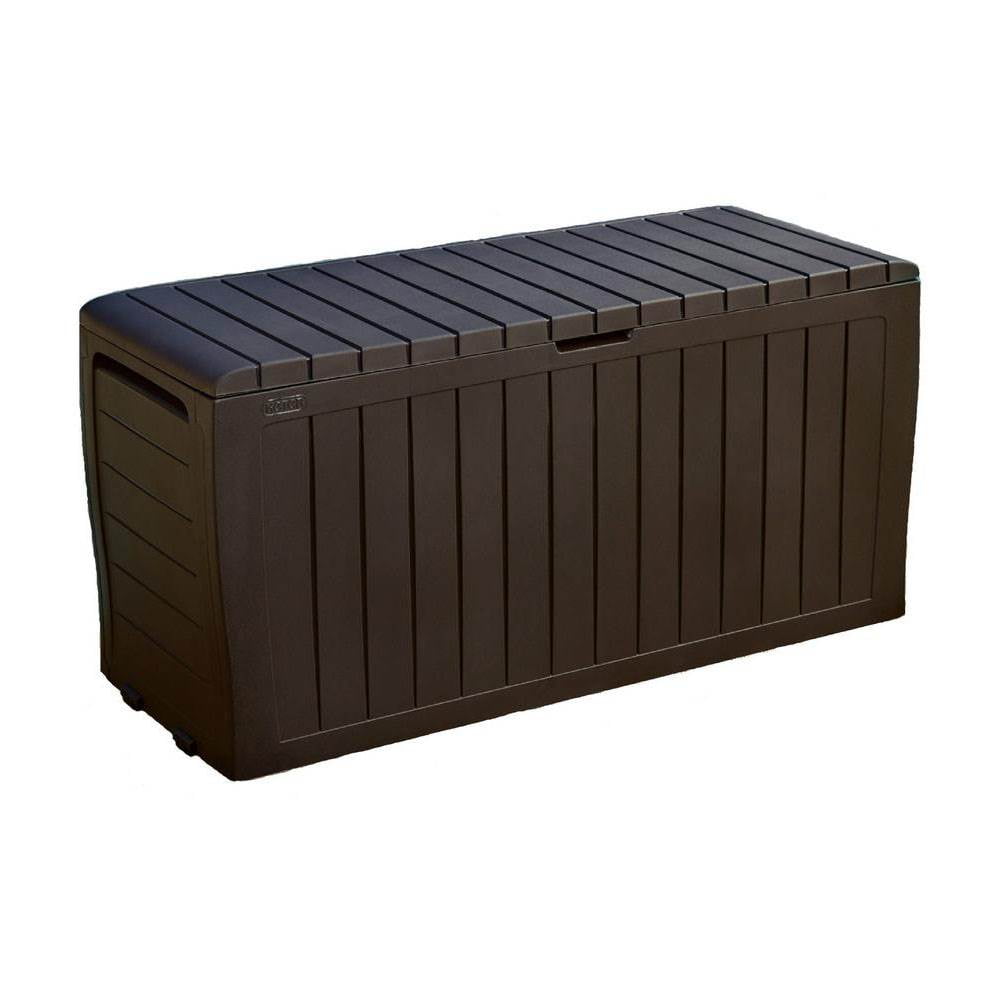 Brown Lockable Plastic Wicker Deck Box with Wheels, 71 Gal