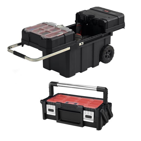 Keter Masterloader Resin Rolling Tool Box with 18in Canti and Removable Bins, Black