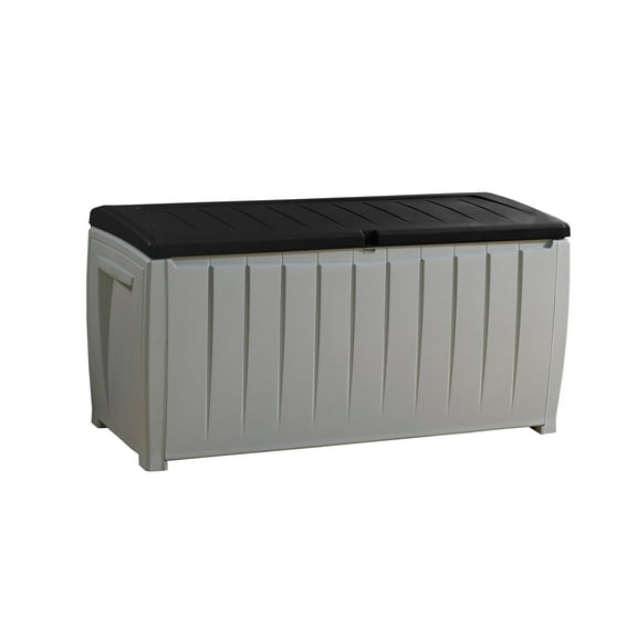 Keter Novel 90 Gallon Durable Weatherproof Resin Deck Box Organization and Storage for Outdoor Patio and Lawn, Black and Gray