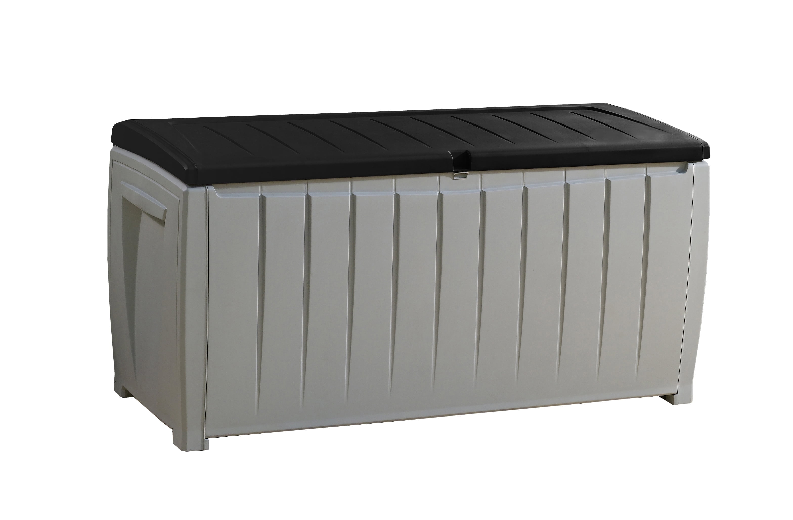 Keter Novel 90 Gallon Durable Weatherproof Resin Deck Box Organization and Storage for Outdoor Patio and Lawn, Black and Gray