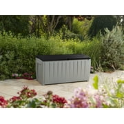Keter Novel 90 Gallon Durable Weatherproof Resin Deck Box Organization and Storage for Outdoor Patio and Lawn, Black and Gray