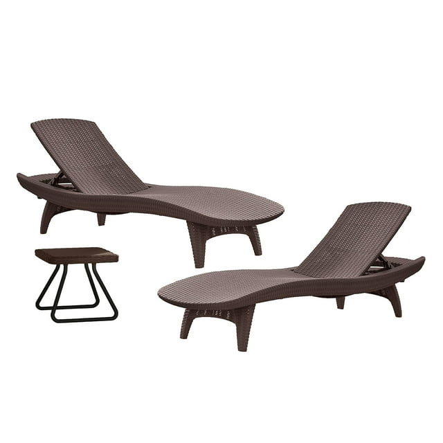 Keter Pacific Chaise Sun Lounger and Side Table Set, Brown