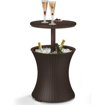 Keter Pacific Cool Bar Outdoor Patio Furniture and Hot Tub Side Table with 7.5 Gallon Beer and Wine Cooler, Espresso Brown