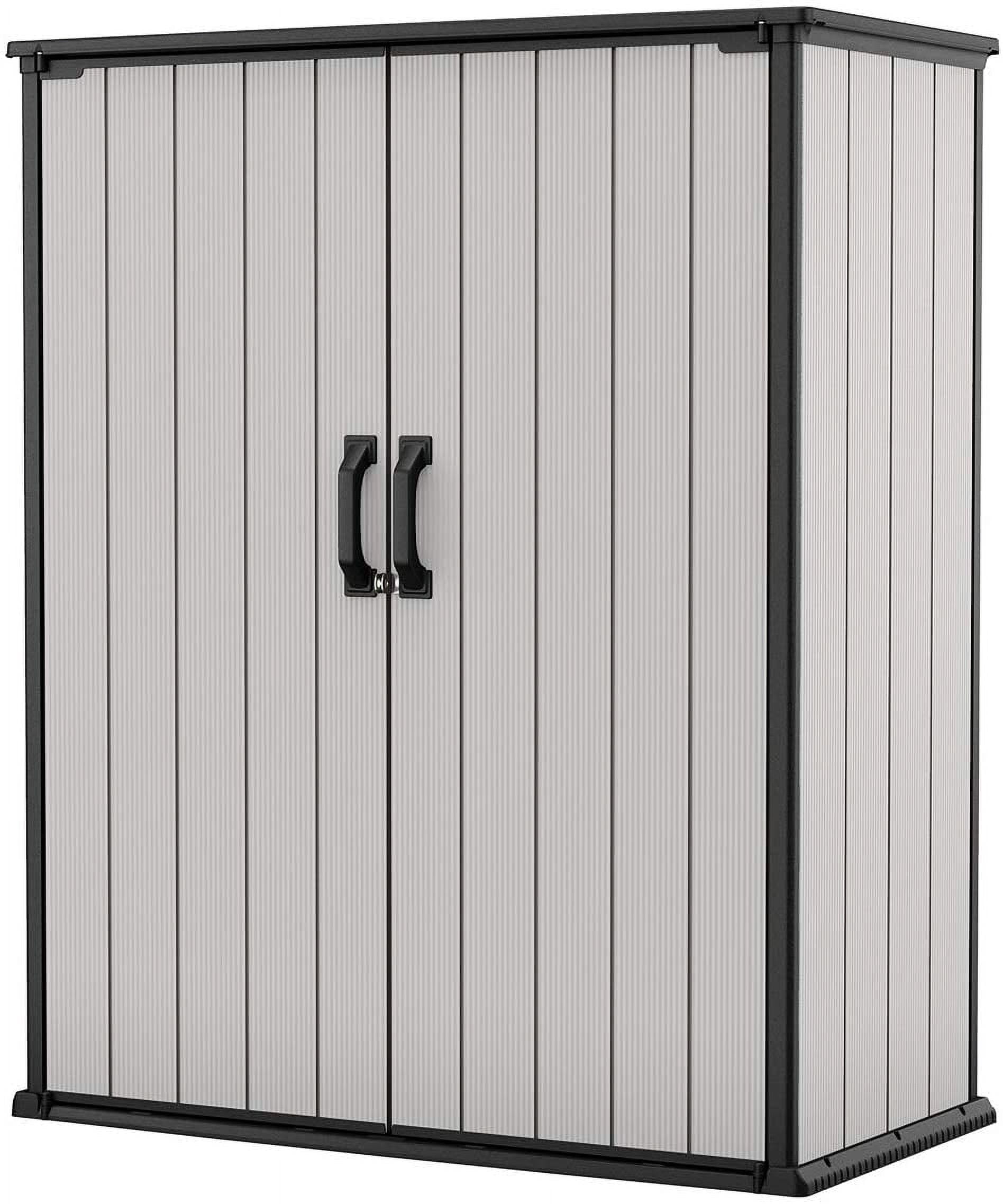 Keter Premier Tall Vertical Durable Resin Outdoor Storage Shed With Floor and Locking Double Doors, Grey