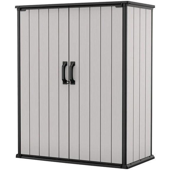 Keter Premier Tall Vertical Durable Resin Outdoor Storage Shed With Floor and Locking Double Doors, Grey