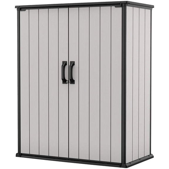 Keter Premier Tall Vertical Durable Resin Outdoor Storage Shed With Floor and Locking Double Doors, Grey