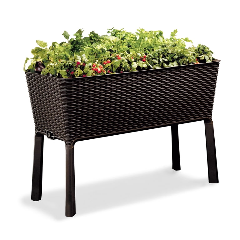 Keter Resin Elevated Garden, All Weather, Self-Watering Plastic Planter,  Brown Rattan