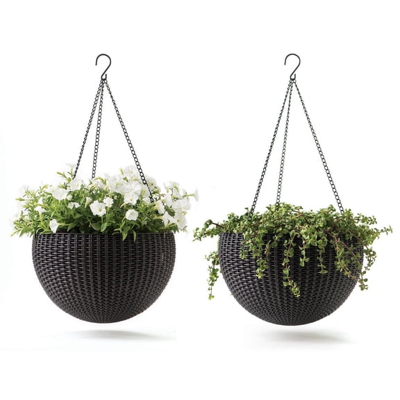 Keter Resin Rattan Set of 2 Round Hanging Planter Baskets for Indoor and Outdoor Plants, Anthracite